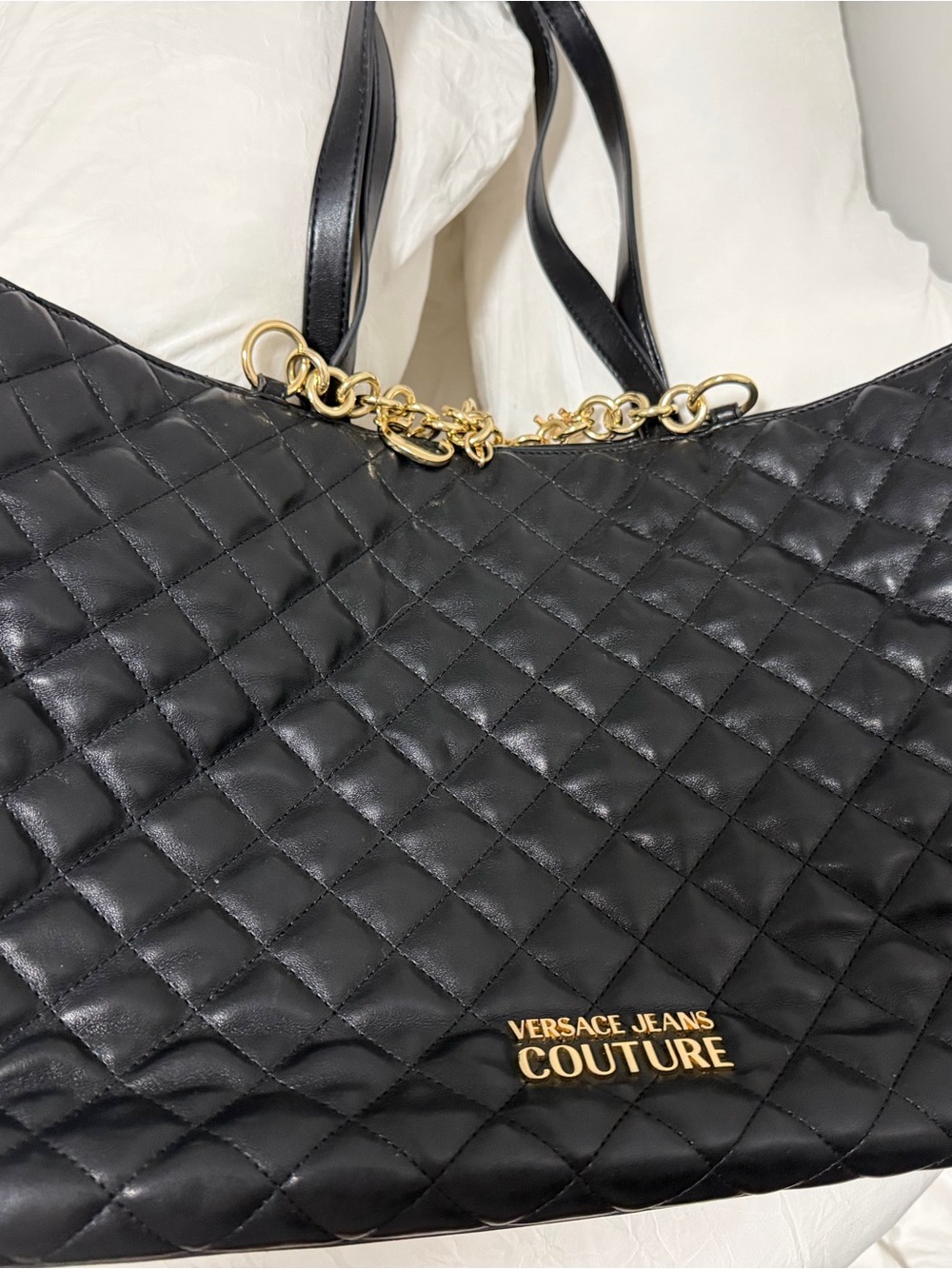Versace Jeans Couture Black Quilted Tote with Gold Chain Accents